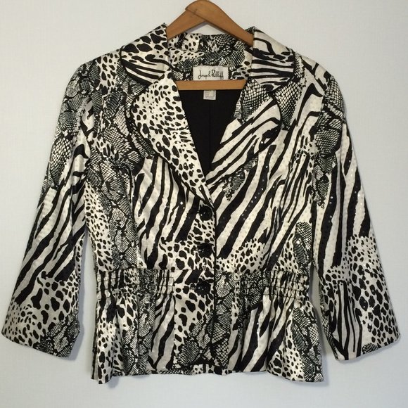 Joseph Ribkoff Womens Sequin Jacket Sz 8 Animal Print Black White Button Lined - Picture 1 of 8